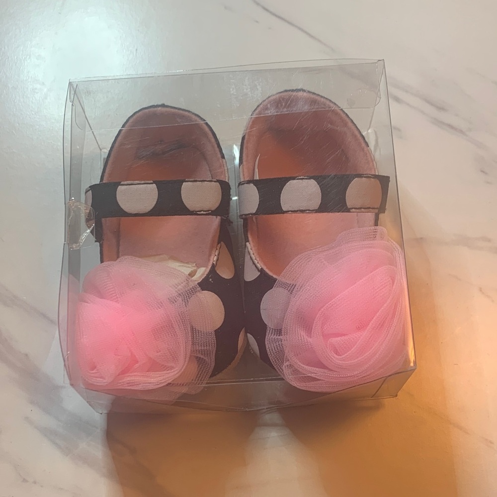 Polka Dot Baby Shoes with Pink Flower Accent